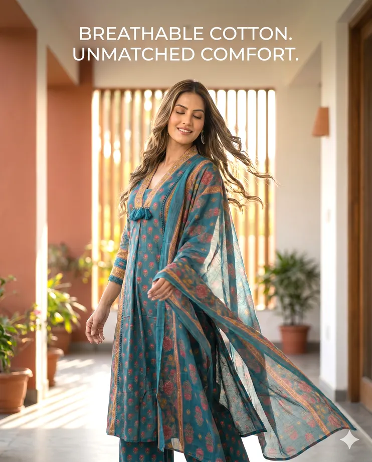 kottons Elegantly Printed Turquoise Kurta with Plazzo & Dupatta