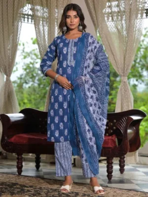 Motif Printed Blue Straight Kurti with Dupatta, Bottom and Lace from Kottons