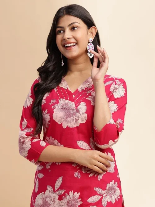 Women Floral Printed Thread Work Pure Cotton Kurta with Palazzos & With Dupatta Women Floral Printed Thread Work Pure Cotton Kurta with Palazzos & With Dupatta