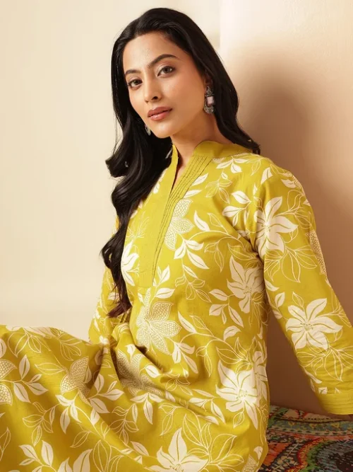 Yellow Women Floral Printed A-Line Cotton Stitched Kurta With Palazzo Sets Yellow Women Floral Printed A-Line Cotton Stitched Kurta With Palazzo Sets