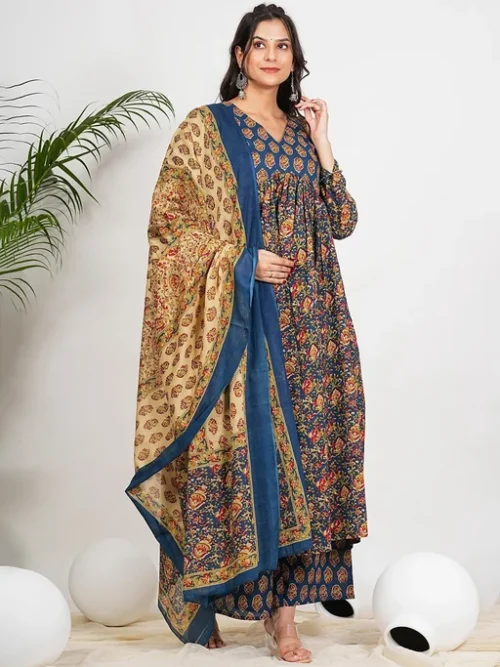 Blue Floral Printed Empire Pure Cotton Anarkali Kurta With Palazzos & Dupatta Blue Floral Printed Empire Pure Cotton Anarkali Kurta With Palazzos & Dupatta