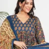 Blue Floral Printed Empire Pure Cotton Anarkali Kurta With Palazzos & Dupatta Blue Floral Printed Empire Pure Cotton Anarkali Kurta With Palazzos & Dupatta