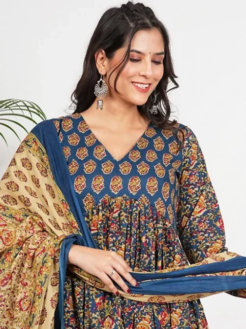 Blue Floral Printed Empire Pure Cotton Anarkali Kurta With Palazzos & Dupatta Blue Floral Printed Empire Pure Cotton Anarkali Kurta With Palazzos & Dupatta