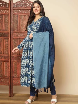 Floral Printed Anarkali Kurta With Churidar & Dupatta