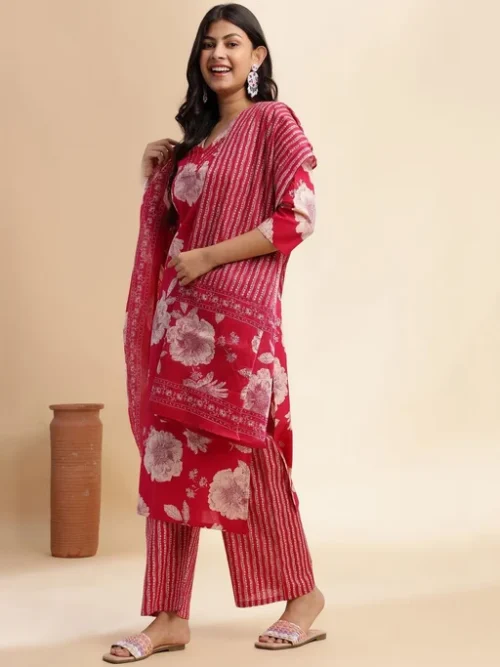 Women Floral Printed Thread Work Pure Cotton Kurta with Palazzos & With Dupatta Women Floral Printed Thread Work Pure Cotton Kurta with Palazzos & With Dupatta