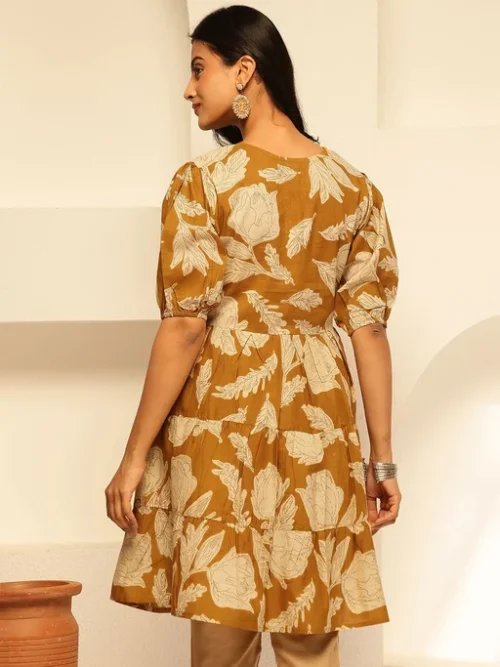 Yellow Women Floral Printed Cotton Tiered Top Yellow Women Floral Printed Cotton Tiered Top