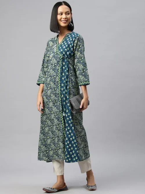 Women Printed Sequinned Cotton Angrakha Kurta Women Printed Sequinned Cotton Angrakha Kurta
