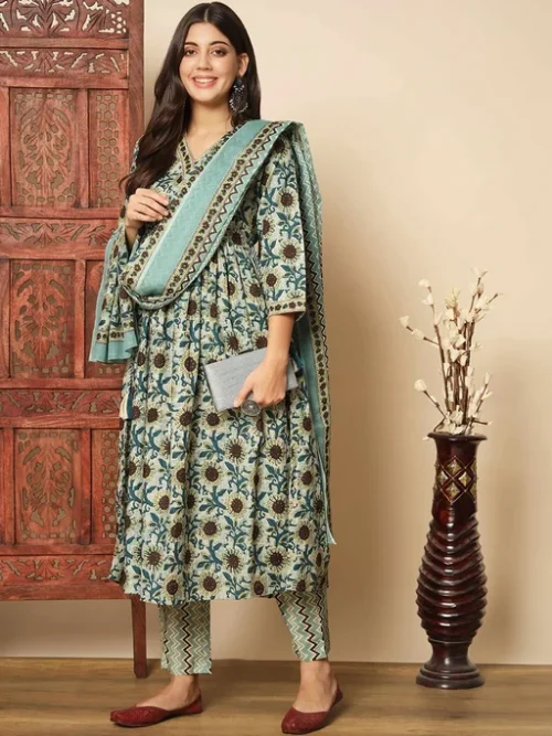 Floral Printed V-Neck Anarkali Kurta With Trousers & Dupatta