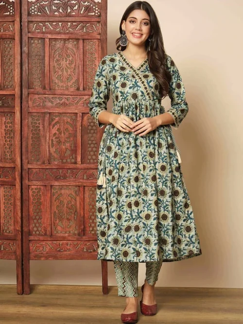 Floral Printed V-Neck Anarkali Kurta With Trousers & Dupatta