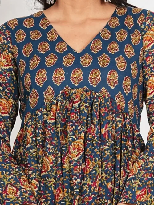 Blue Floral Printed Empire Pure Cotton Anarkali Kurta With Palazzos & Dupatta Blue Floral Printed Empire Pure Cotton Anarkali Kurta With Palazzos & Dupatta