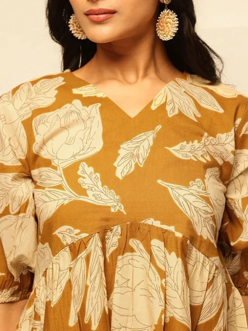 Yellow Women Floral Printed Cotton Tiered Top Yellow Women Floral Printed Cotton Tiered Top