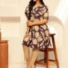 Purple Women Floral Printed Puff Sleeves Cotton Empire Dress