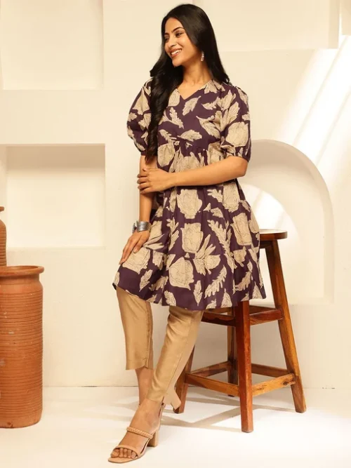 Purple Women Floral Printed Puff Sleeves Cotton Empire Dress