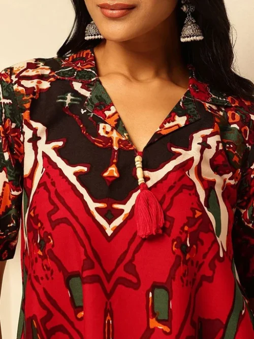 Abstract Printed Pure Cotton Lapel Collar Tunic With Palazzo