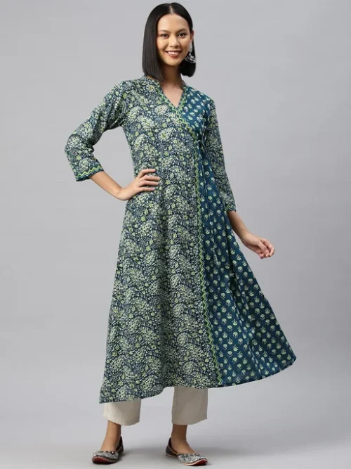 Women Printed Sequinned Cotton Angrakha Kurta Women Printed Sequinned Cotton Angrakha Kurta