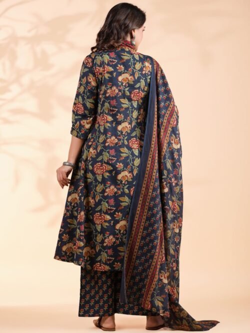 Floral Printed Empire Mirror Work Pure Cotton Kurta With Palazzos & Dupatta Floral Printed Empire Mirror Work Pure Cotton Kurta With Palazzos & Dupatta