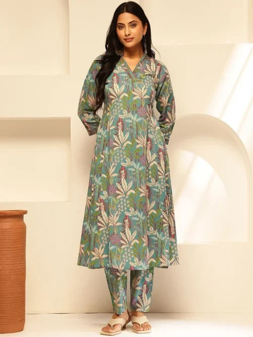 Floral Printed Thread Work Pure Cotton A-Line Kurta with Trouser