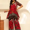 Abstract Printed Pure Cotton Lapel Collar Tunic With Palazzo