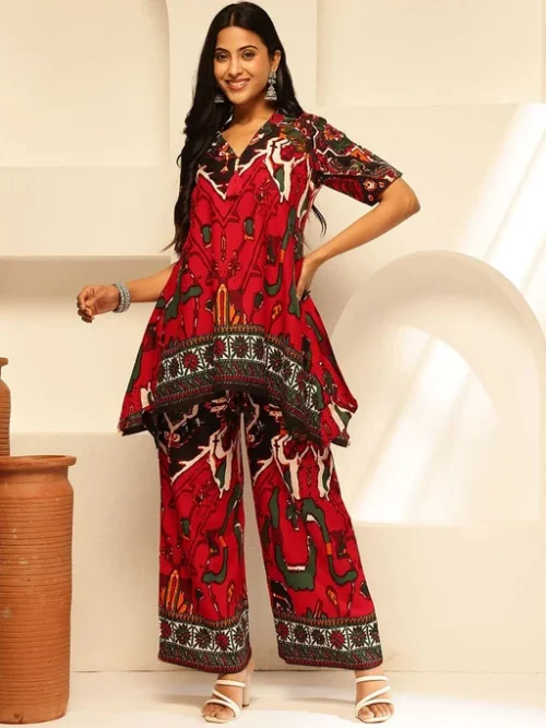 Abstract Printed Pure Cotton Lapel Collar Tunic With Palazzo
