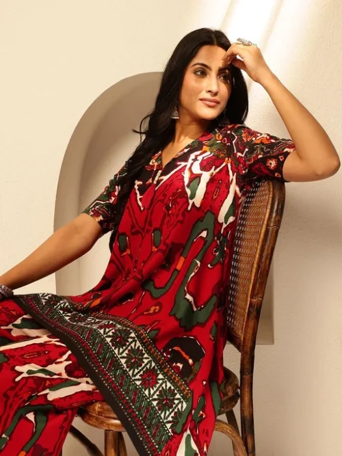 Abstract Printed Pure Cotton Lapel Collar Tunic With Palazzo