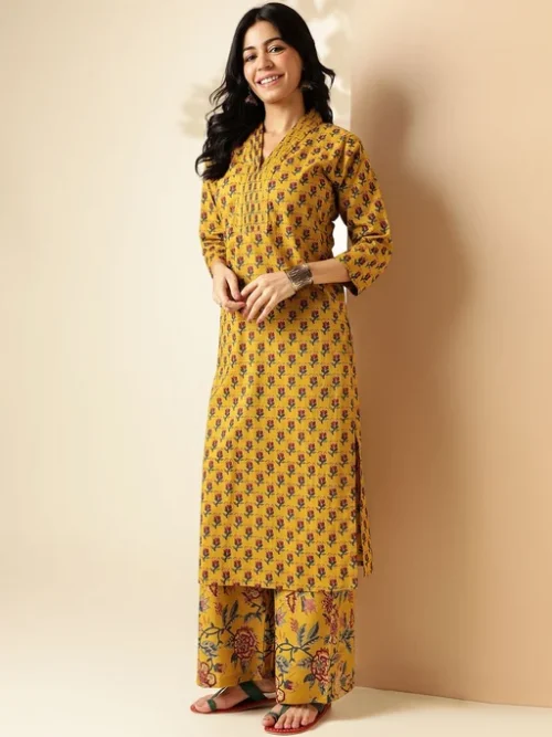 Floral Printed V Neck Pure Cotton Straight Kurta with Palazzos Floral Printed V Neck Pure Cotton Straight Kurta with Palazzos