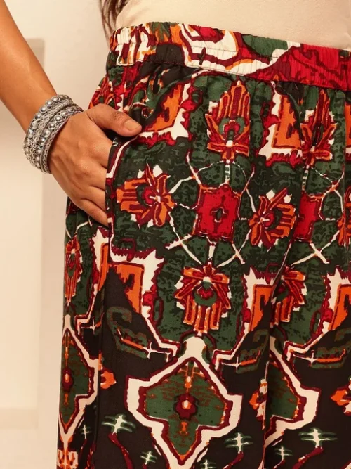 Abstract Printed Pure Cotton Lapel Collar Tunic With Palazzo