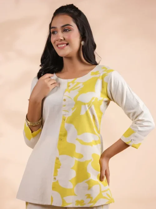 Yellow Abstract Printed Round Neck Tunic With Trouser Yellow Abstract Printed Round Neck Tunic With Trouser