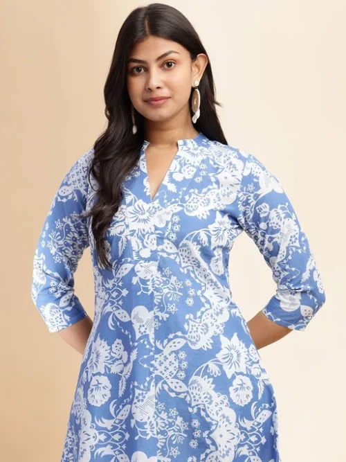 Floral Printed Mandarin Collar Neck Pure Cotton Tunic With Palazzos Floral Printed Mandarin Collar Neck Pure Cotton Tunic With Palazzos