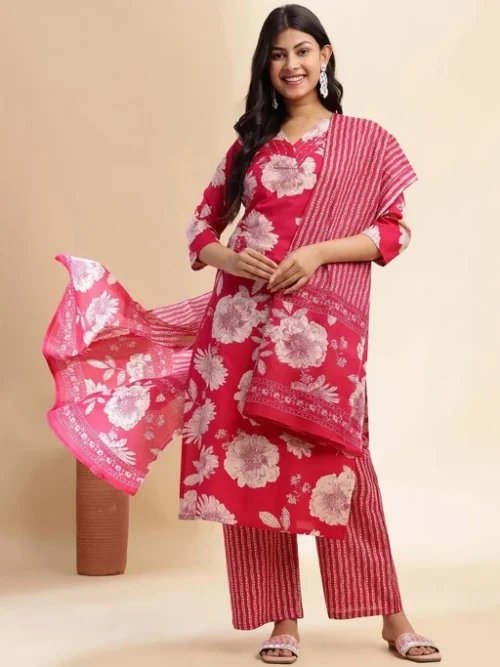 Women Floral Printed Thread Work Pure Cotton Kurta with Palazzos & With Dupatta Women Floral Printed Thread Work Pure Cotton Kurta with Palazzos & With Dupatta