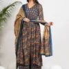 Blue Floral Printed Empire Pure Cotton Anarkali Kurta With Palazzos & Dupatta Blue Floral Printed Empire Pure Cotton Anarkali Kurta With Palazzos & Dupatta