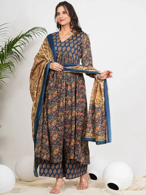 Blue Floral Printed Empire Pure Cotton Anarkali Kurta With Palazzos & Dupatta Blue Floral Printed Empire Pure Cotton Anarkali Kurta With Palazzos & Dupatta