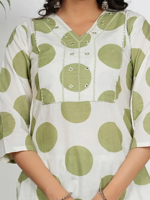 Green Geometric Printed Mirror Work Pure Cotton Kurta With Trousers & Dupatta Green Geometric Printed Mirror Work Pure Cotton Kurta With Trousers & Dupatta