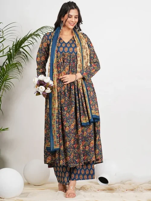 Blue Floral Printed Empire Pure Cotton Anarkali Kurta With Palazzos & Dupatta Blue Floral Printed Empire Pure Cotton Anarkali Kurta With Palazzos & Dupatta