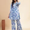 Floral Printed Mandarin Collar Neck Pure Cotton Tunic With Palazzos Floral Printed Mandarin Collar Neck Pure Cotton Tunic With Palazzos