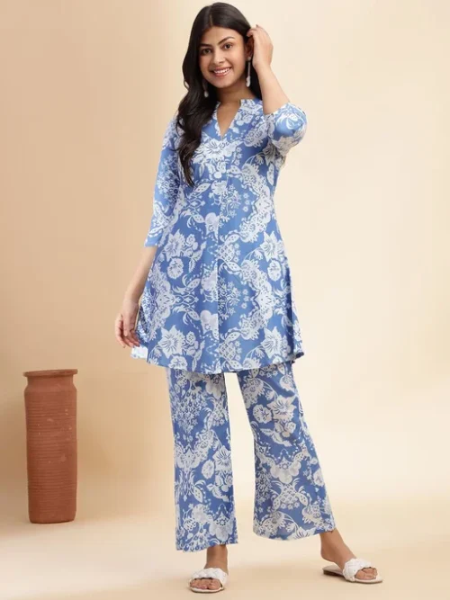 Floral Printed Mandarin Collar Neck Pure Cotton Tunic With Palazzos Floral Printed Mandarin Collar Neck Pure Cotton Tunic With Palazzos