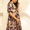 Purple Women Floral Printed Puff Sleeves Cotton Empire Dress