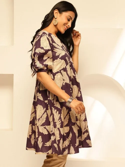 Purple Women Floral Printed Puff Sleeves Cotton Empire Dress