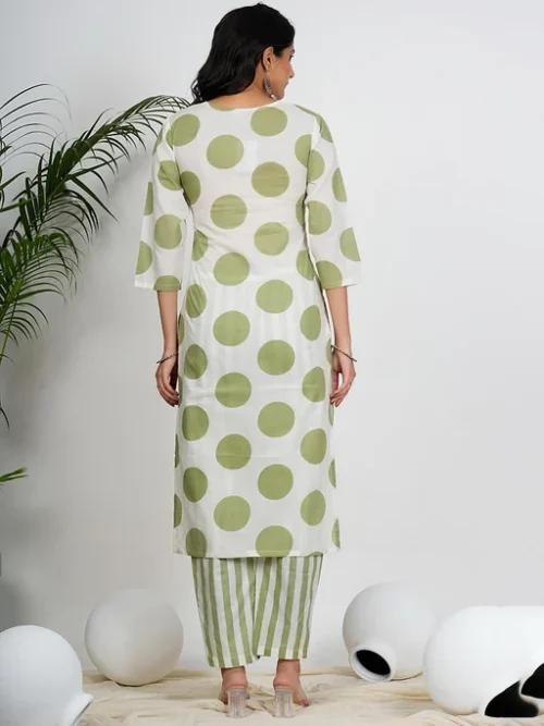 Green Geometric Printed Mirror Work Pure Cotton Kurta With Trousers & Dupatta Green Geometric Printed Mirror Work Pure Cotton Kurta With Trousers & Dupatta