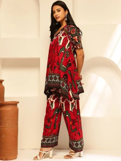 Abstract Printed Pure Cotton Lapel Collar Tunic With Palazzo