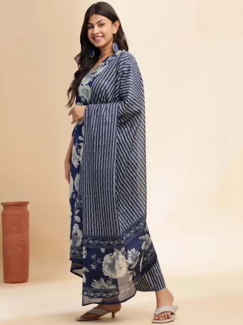 Women Floral Printed Cotton Kurta with Palazzo & Dupatta