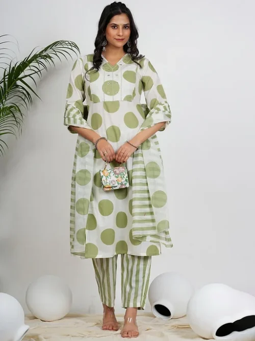 Green Geometric Printed Mirror Work Pure Cotton Kurta With Trousers & Dupatta Green Geometric Printed Mirror Work Pure Cotton Kurta With Trousers & Dupatta