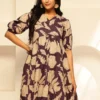Purple Women Floral Printed Puff Sleeves Cotton Empire Dress