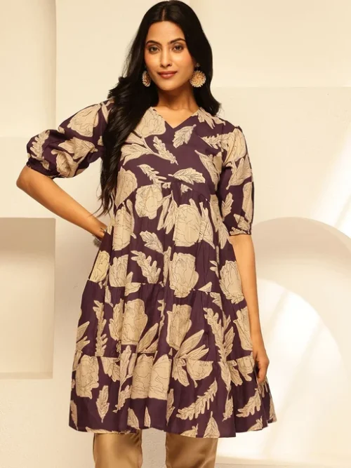 Purple Women Floral Printed Puff Sleeves Cotton Empire Dress