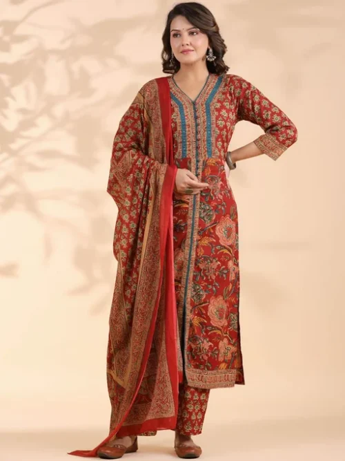 Floral Printed Pure Cotton Kurta with Palazzos & Dupatta