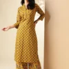 Floral Printed V Neck Pure Cotton Straight Kurta with Palazzos Floral Printed V Neck Pure Cotton Straight Kurta with Palazzos