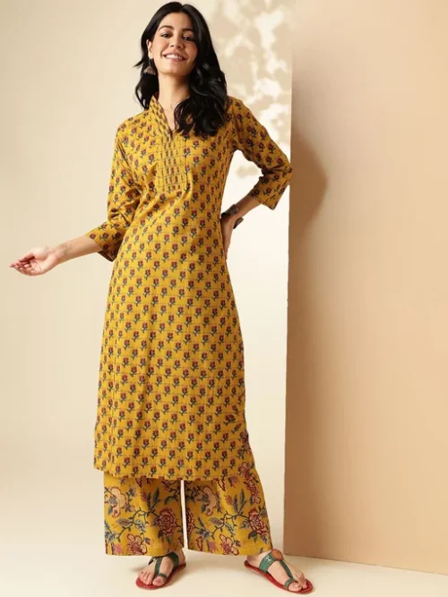 Floral Printed V Neck Pure Cotton Straight Kurta with Palazzos Floral Printed V Neck Pure Cotton Straight Kurta with Palazzos