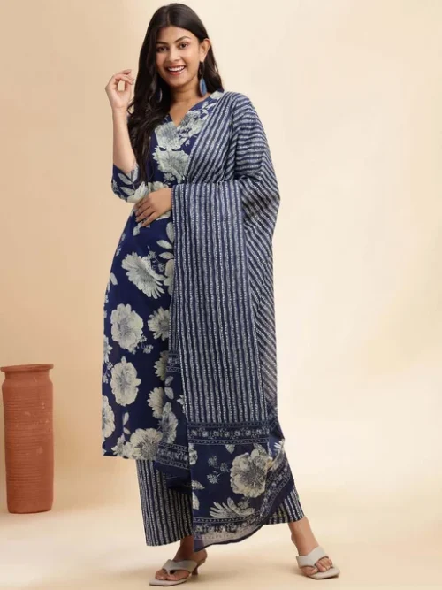 Women Floral Printed Cotton Kurta with Palazzo & Dupatta