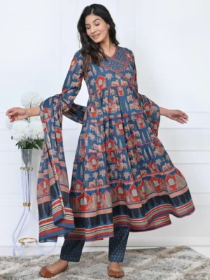 Blue Animal Print With Sequence Work Anarkali Cotton Kurta Set