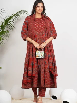 Maroon Floral Print With Ruffled Anarkali Cotton Stitched Kurta Set