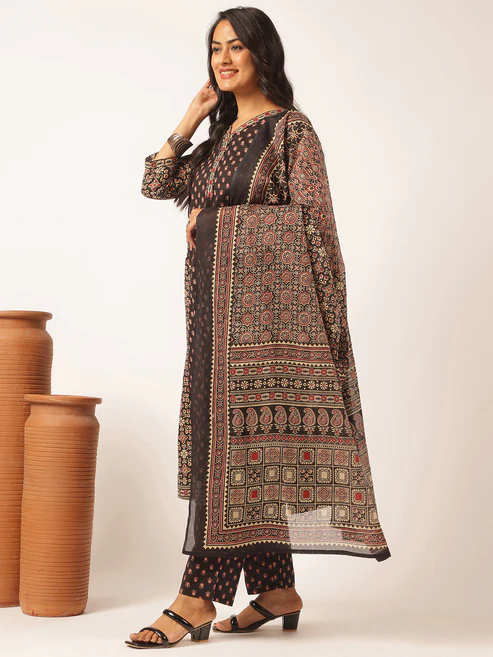 Black Cotton Floral Printed A-Line Kurta Set